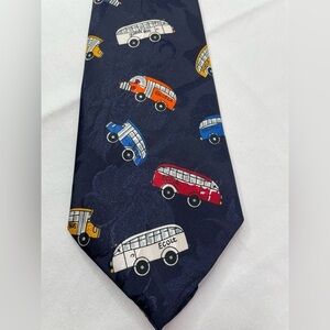 School Bus Necktie Dark Blue Tie Colorful Bus Motif Teacher